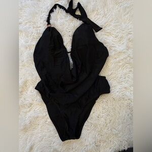 Bar III Solid Womens Cowlneck One-Piece Swimsuit in Black L